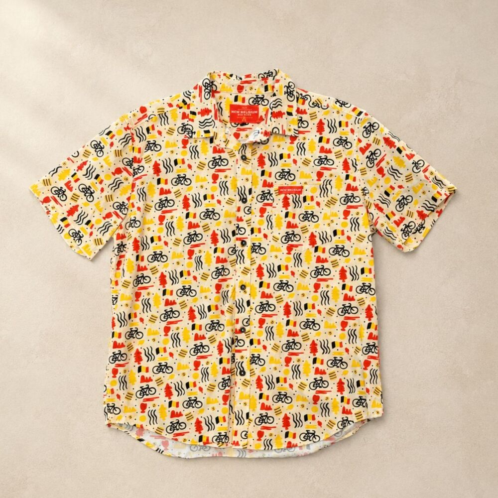 New Belgium Brewing Mens Button Front Camp Shirt Bicycle Beer Print Bike L